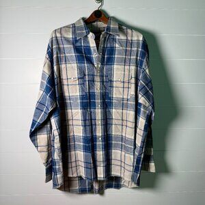Wrangler Men's Long Sleeve Pearl Snap Blue & Cream Plaid Shirt 18 1/2 x 36
